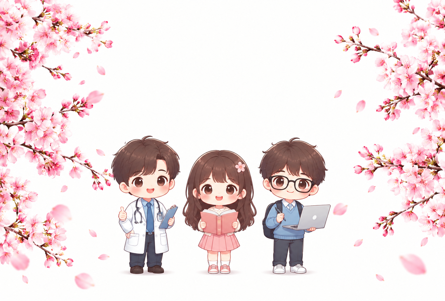 在原有樱花背景画布的中下方区域，添加三个Q版卡通小人并排站立，… - 图片创意预览