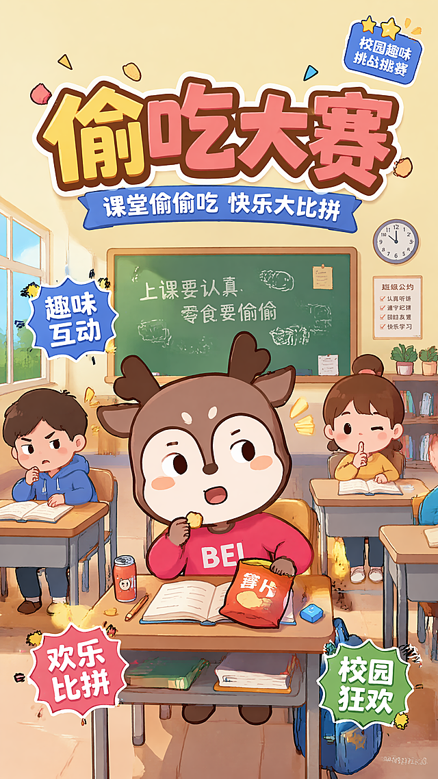 趣味卡通插画风格海报，以提供的卡通小鹿为主体，绘制小鹿在教室课堂上偷吃零食的场景，画面版式精美，主标题文字"偷吃大赛"放在画面上方，副标题文字"课堂偷偷吃 快乐大比拼"放在主标题下方，装饰文案"校园趣味挑战赛"放在角落，卖点文字："趣味互动" "欢乐比拼" "校园狂欢"分散在画面负空间，整体氛围轻松活泼有趣，卡通校园课堂背景，色彩明快，文字清晰可读，四边留足安全边距，层级分明，排版精美