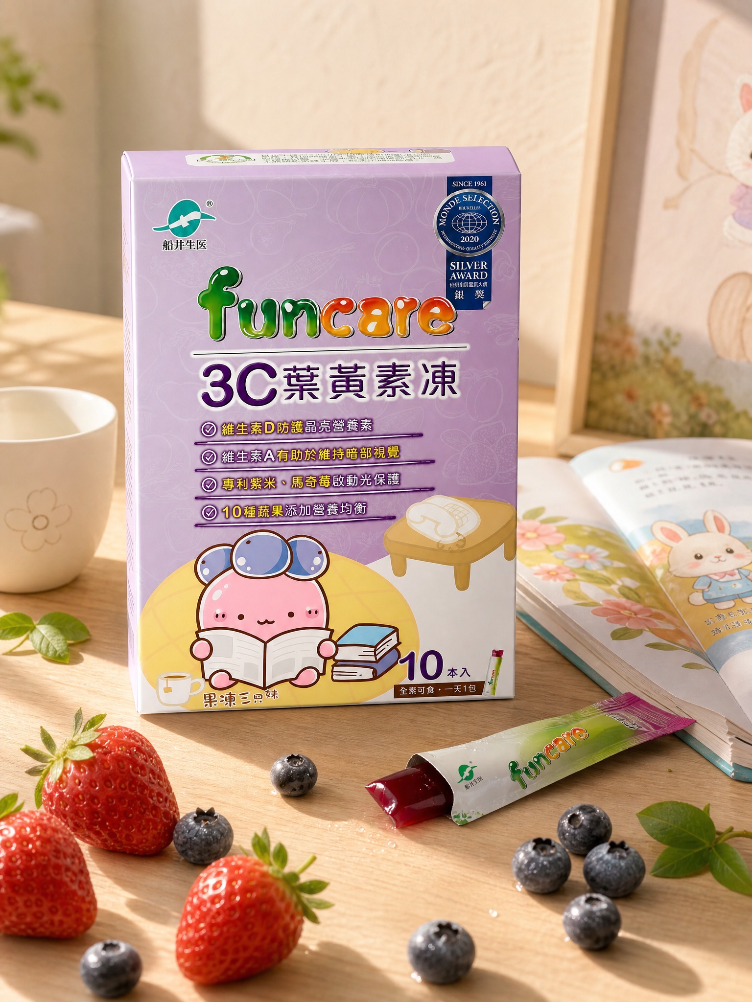 超写实食品场景摄影。 主体：funcare 3C叶黄素冻产品包… - 图片创意预览