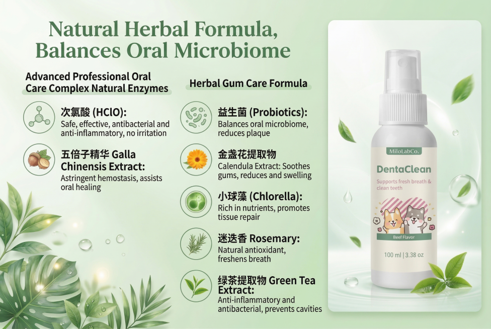 修改这张宠物牙科喷雾详情页图片，将所有中文替换为英文，标题改为"Natural Herbal Formula, Balances Oral Microbiome"，左侧板块标题改为"Advanced预览效果