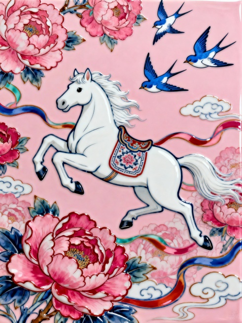 Q版卡通风格。主体是一匹造型优雅的纯白骏马（宝相花纹的马鞍，腾空飞跃，毛发飘逸），几只蓝白相间的燕子围绕着马匹飞舞。穿插流线型彩带（带有动感），背景由多层绚丽的大面积盛开的粉色牡丹花构成，点缀祥云，粉预览效果