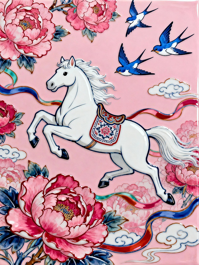 卡通瓷板画，白骏踏云飞奔，牡丹盛放，燕子翩跹，粉红底色烘托喜庆祥瑞