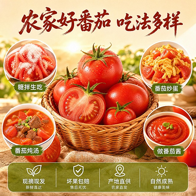 [主图-6 番茄服务承诺图] 农家直供 品质保障 多场景食用
[统一基调] 自然暖阳逆光 商业美食摄影 暖米色背景 主标题深棕红粗笔刷书法字 辅助文案深绿黑体 半透明悬浮服务条 整体食欲感真实质感
[画面] 画面中央摆放一篮新鲜番茄，周围环绕小图展示多种食用方式小场景：糖拌番茄、番茄鸡蛋面、番茄牛腩汤、生吃番茄，每个小图带名称标注。底部有半透明服务承诺条。主体番茄篮居中，四周小图分布。
[光影质感] 主图柔和自然光，小图各自场景光影统一暖调，整体协调一致。
[配色] 背景暖米色，番茄红色为主，小图各自场景色，标题深棕红，服务条深绿半透明，整体丰富但不杂乱。
[文字版式] 上方主标题「农家好番茄 吃法多样」粗笔刷书法字。四个小图标注：「糖拌生吃」「番茄炒蛋」「番茄炖汤」「做番茄酱」。底部半透明条横向排列服务：「现摘现发」「坏果包赔」「产地直供」「自然成熟」。
[输出要求] 1:1正方形 2048x2048 2K高清 图文清晰 无变形 无错字 无水印 无平台Logo