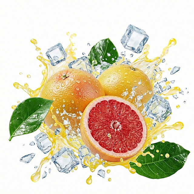水果和果汁周围陪衬些冰块、飞溅的冰块，冰块参考图片2的冰块，果汁颜色不变，纯白色背景悬空，图像完整高清晰大图