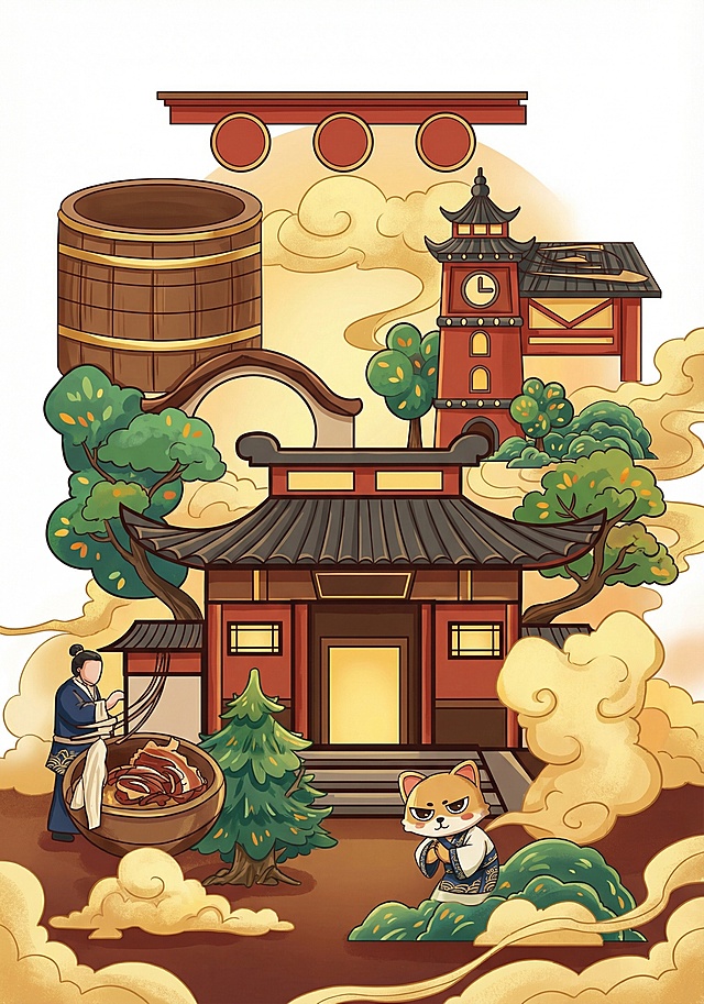 给这幅线稿上色，采用暖色调，传统国风配色，塔楼为朱红与深灰，树木为翠绿色，人物服饰为藏蓝与米白，容器为棕色，整体色彩和谐浓郁，充满烟火气