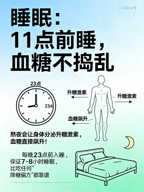 健康养生公众号贴图，标题：睡眠：11点前睡，血糖不捣乱，内容：熬夜会让身体分泌升糖激素，血糖直接飙升！每晚23点前入睡，保证7-8小时睡眠，比吃任何"降糖偏方"都靠谱，整体风格简约清新，适合血糖管理科预览效果