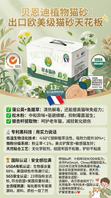 电商产品宣传海报，顶部显眼位置写着"贝恩迪植物猫砂｜出口欧美级猫砂天花板✨"，中间展示贝恩迪草本猫砂产品包装，周围合理布局SGS认证LOGO、USDA有机认证LOGO、13年出口品质转内销标识，下方依预览效果
