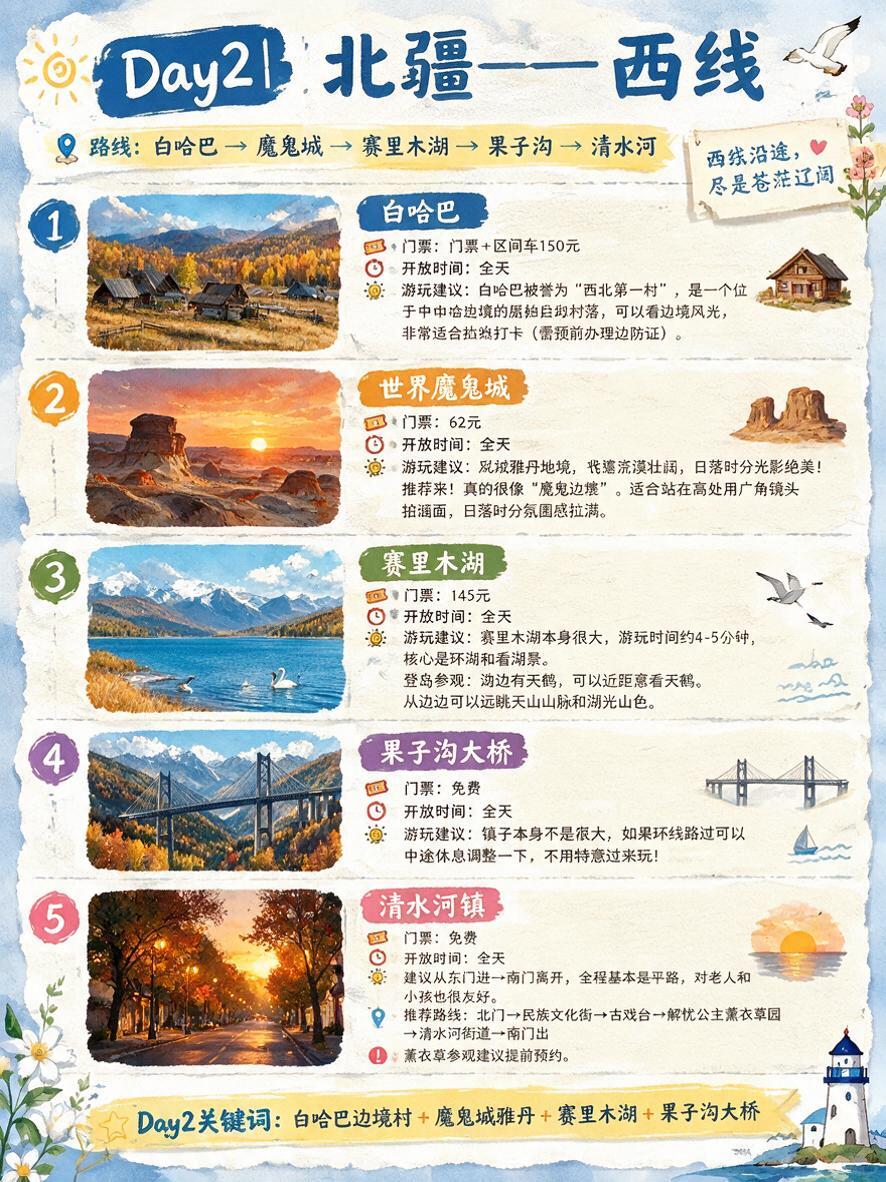 完全复刻参考图的版式、风格、字体、5个景点卡片布局、彩色标题块… - 图片创意预览