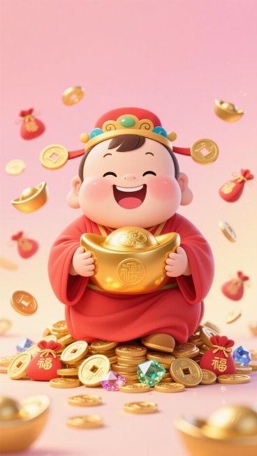 手机壁纸，Q版卡通，胖乎乎笑眯眯的财神宝宝，穿着宽松的红袍，抱着一个比他还大的金元宝，坐在一堆金币和宝石上。背景是柔和的粉色和金色渐变，周围有小福袋、铜钱和元宝在跳跃。画面明亮，色彩鲜艳，手绘插画风格预览效果