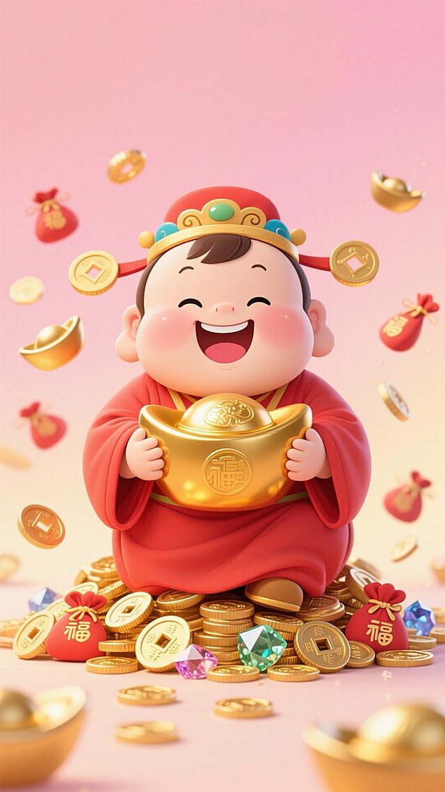 软3D风格的卡通财神，鎏金风与重拟物结合，喜庆红金配色，萌趣可爱，满载福气金币，营造浓厚春节氛围。