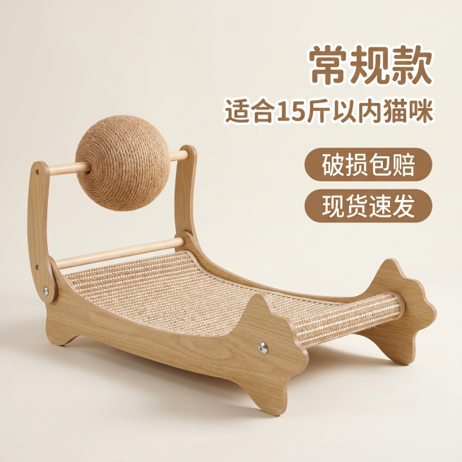 [主图-5] 实木剑麻猫抓板猫窝规格服务展示。
[氛围风格] 干净清晰信息展示
[画质] 商业摄影质感、光线柔和通透、产品清晰真实、画面干净高级
[元素] 猫抓板猫窝居左放大展示，右侧区域展示适用体型预览效果