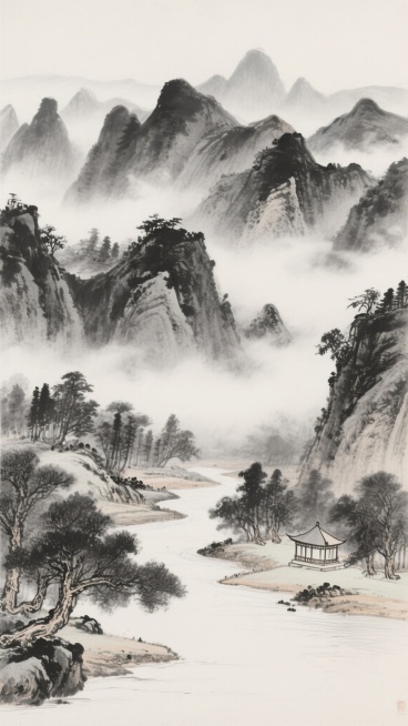 中国传统水墨山水画，以浓淡不一的墨色描绘变换布局的层叠山峦，山间云雾缭绕营造空灵意境，近处溪流蜿蜒，岸边点缀古朴亭台与苍劲树木，远山以淡墨晕染形成深远空间感，整体构图疏密有致，笔触兼具勾勒与皴擦的细腻质感，留白恰到好处，展现清幽淡雅、宁静致远的东方美学氛围，画面中山峰巍峨层叠，山间云雾缥缈流动，近景树木苍劲挺拔，亭台古朴雅致，水面平静开阔，整体意境悠远空灵，墨色浓淡干湿变化丰富，体现传统水墨画……预览效果