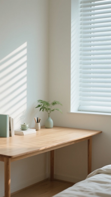 极简主义风格的桌面背景，浅原木色实木桌面，柔和的自然光透过百叶窗在米白色墙壁和桌面上投下清晰的条形光影，光影层次分明，温暖治愈的氛围，桌面上可摆放绿植、简约茶具、书籍或设计感文具等不同摆设，整体色调可尝试浅灰蓝、薄荷绿或奶油白等不同配色，场景可设定为书房、客厅角落或卧室飘窗，保持画面干净整洁，光影效果突出，营造宁静舒适的居家办公或休憩空间感。预览效果