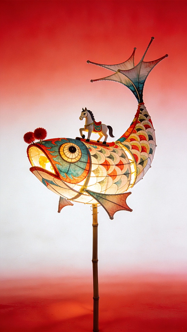 画面中心大的非遗布艺油纸的鱼灯，细腻清晰纹理，内部发光，无限细节，明暗对比，独特形状，大师级设计，美观，独特的美学、不对称的设计、高饱和度红色和白色渐变背景， 对每个结构细节的详细描绘，细腻清晰的纹理，明暗对比，留白，突出彩色花灯，东方美学，非遗风格，中国风，古风小马坐在鱼灯上。生四张