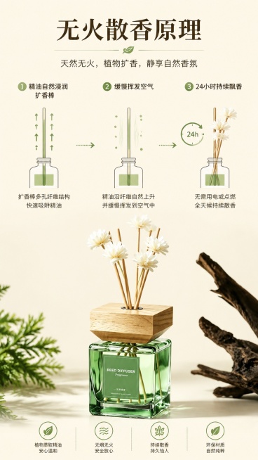 [第7屏] 扩香原理说明，天然无火持续散香机理示意。本屏使用【图1】作为商品主体。
[氛围/风格] 简约原理科普风，清晰直观，专业干净
[元素布局] 产品放置在画面下半部分中心位置，占比约40%；上半预览效果