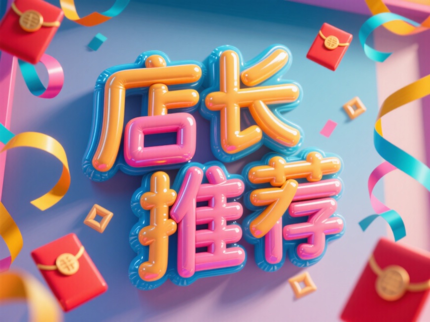 “店长推荐”的充气大字，背景促销感，有红包彩带预览效果