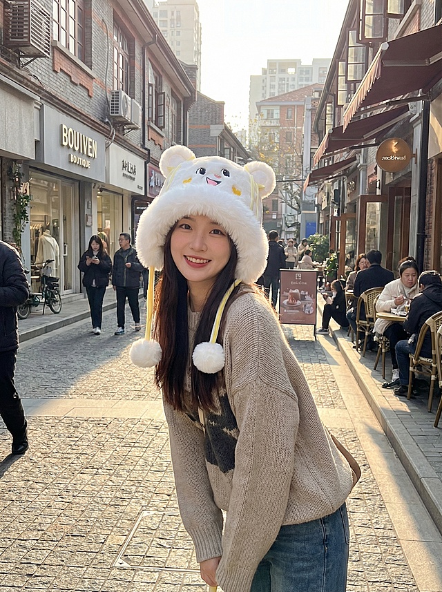 根据这是三个帽子为我生成模特图，背景选择家里或者街道，模特选择中国网红