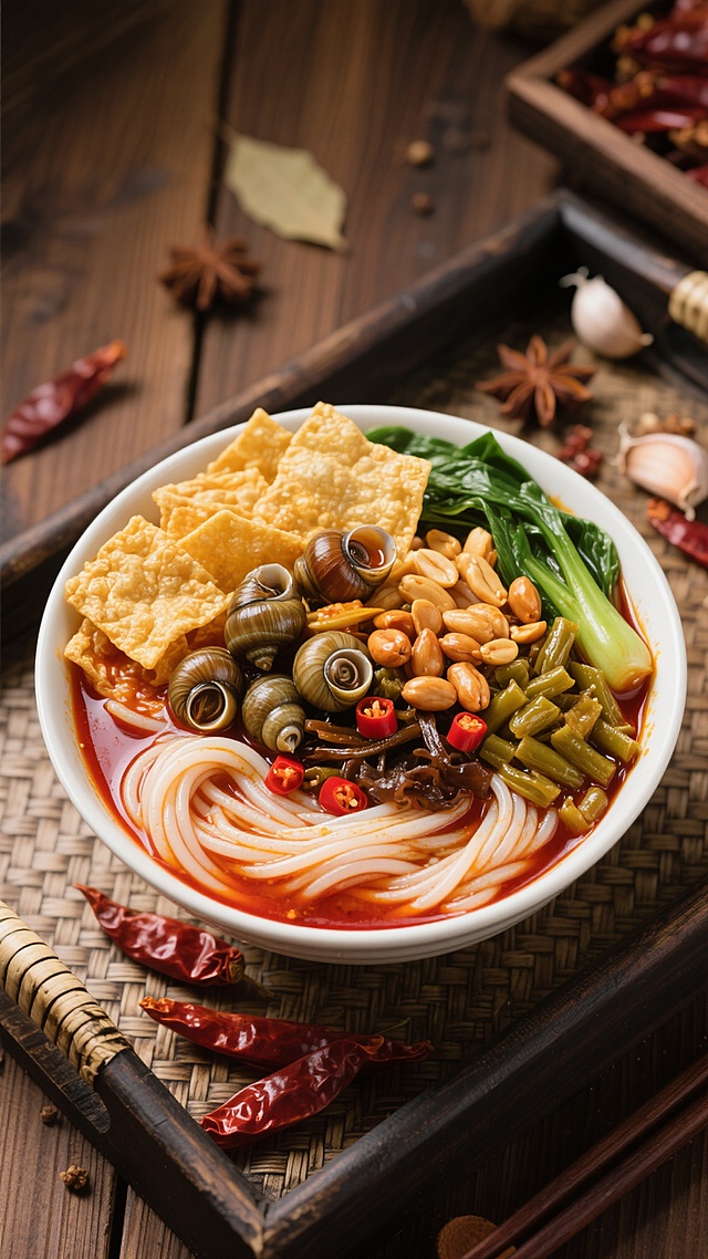 一碗热气腾腾的螺蛳粉特写，米粉洁白爽滑浸在红亮浓郁的汤底中，铺满鲜嫩的田螺、金黄酥脆的腐竹、翠绿的蔬菜、酸豆角、花生、木耳丝和红辣椒，周围散落着干辣椒、八角、蒜瓣等香料，背景为木质桌面和竹编质感的托盘，整体呈现写实主义美食摄影风格，光线聚焦于碗中食物形成鲜明明暗对比，色彩饱满诱人，营造出鲜香麻辣的地道风味氛围。