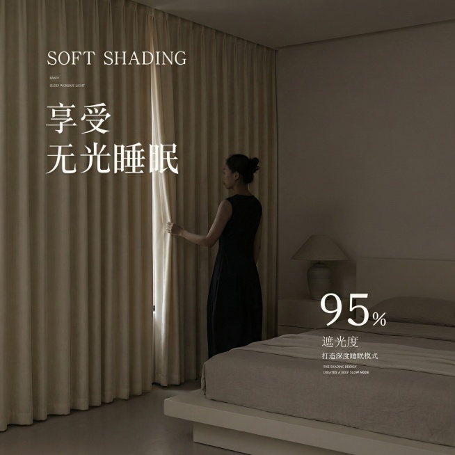 不改变窗帘的面料材质，切换不同的家装场景（最好是现代风奶油风），要求是在昏暗的室内，展示窗帘的遮光效果很好，改变角度，保留文字，一次生成4张；预览效果