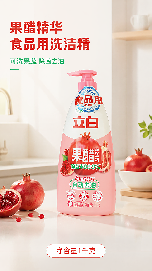 使用商品详情页技能根据商品图「图片1」生成详情页，参考图为，商品名称为立白1千克果醋洗洁精，卖点为 ，适配平台为抖音/快手，图片比例为9:16，需求屏数为5张，