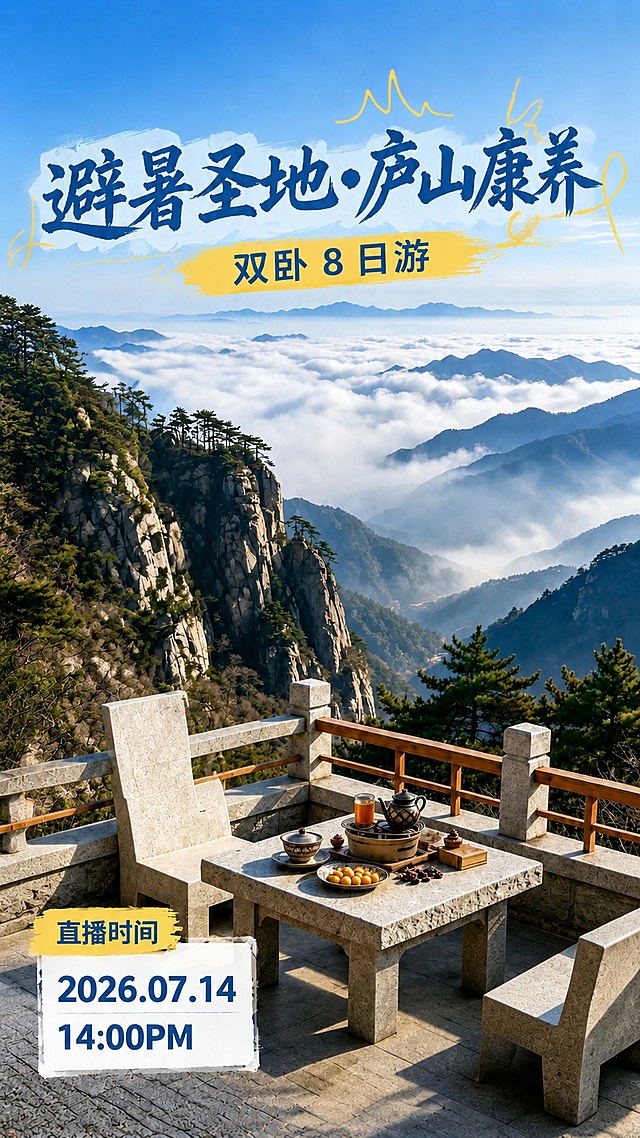 修改现有海报，移除左侧所有景点列表文字、移除右下角二维码占位方块、移除右上角旅游集团标识，仅保留主标题“避暑圣地•庐山康养”，副标题“双卧 8 日游”和左下角的“直播时间：2026.07.14 14:00PM”，保持原背景庐山云海观景台画面不变，保持原有排版结构和风格，调整画面空间，保持9:16比例，文字清晰，画面自然协调，所有保留的文字和数字精确渲染不改变。