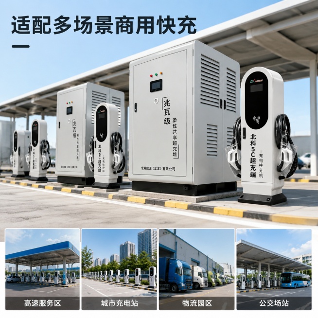 「图片1」，生成一套主图（5张），商品名称是BK-EVDC-480-2.56MW
分体式兆瓦级柔性共享超充堆，卖点是首图・抓眼球、痛点直击・对比图、核心功能 / 材质卖点、场景使用 + 人群适配、表格预览效果