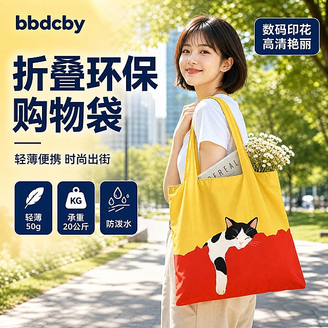 [单张主图] 猫咪印花折叠环保购物袋 爆款促销感主图 1:1 淘宝/天猫平台 同时承担点击理解信任转化四个任务
[参考比对] 参考图为蓝白青花瓷印花购物袋主图，版式为左文右品：左侧上半区大标题+副标题，底部3个圆角方形卖点图标卡；右侧为年轻女性模特侧身挎包站立，包内露出面包和花等物品，背景为城市街道玻璃建筑户外场景，右上角有圆角矩形卖点标签，左上角有品牌字标。本次复刻保留左文右品的信息结构与爆款促销感调性，其余维度差异化：产品替换为黄红配色猫咪印花购物袋，模特换成短发年轻女性，场景换成阳光明媚的公园户外，配色改为暖黄橙红色系，文案全部替换为当前商品卖点。
[画面主体] 画面右侧为一位年轻亚洲女性模特，短发齐耳深棕色，圆脸甜美气质，穿白色短袖T恤+浅卡其色休闲裤，单肩挎着黄红配色猫咪印花折叠环保购物袋，侧身45度面向镜头微笑，左手轻扶包带。购物袋外观与输入产品图完全一致：上半部分明黄色，下半部分大红色，印有黑白奶牛猫趴卧睡觉的卡通图案，包型为背心式折叠购物袋，布料有自然褶皱质感。包内露出一本杂志和一束白色小花，体现日常出街使用场景。产品主体（含模特与包）占画面约60%，购物袋清晰完整不被遮挡。
[构图版式] 采用左文右品标签参数型爆款版式：左侧约40%区域为文字信息区，右侧约60%为模特与产品主体。信息层级从上到下：左上角品牌字标 → 主标题大字号 → 副标题 → 底部3个圆角方形卖点图标卡。右上角放置圆角矩形卖点标签。整体构图饱满，信息分区清晰。
[场景元素] 背景为阳光明媚的城市公园户外场景，有绿色草坪、树木和远处的现代建筑玻璃幕墙，阳光透过树叶形成斑驳光影，背景虚化处理突出主体。地面为浅灰色步道，有自然的阳光投影。整体氛围清新活力，符合时尚出街的产品定位。
[文案版式] 左上角品牌字标："bbdcby" 深蓝色粗体无衬线字体。左侧主标题：两行超大字号粗黑体深蓝色文字 "折叠环保 购物袋"。主标题下方副标题："轻薄便携 时尚出街" 中号深蓝色字体。右上角圆角矩形深蓝色标签白字："数码印花 高清艳丽"。底部横向排列3个等大的深蓝色圆角方形图标卡，白色文字+图标：第一个"轻薄 50g"配羽毛图标，第二个"承重 20公斤"配重物图标，第三个"防泼水"配水滴图标。所有文字清晰可读，不遮挡产品主体和模特面部。
[光影质感] 自然户外日光，主光从左前方45度照射，光线柔和明亮，人物和购物袋有自然的明暗过渡和投影，布料质感真实，褶皱处有自然的阴影，整体光影通透有活力，商业摄影质感。背景有轻微的镜头光晕和空气感。
[配色字体] 主色调：明黄色 + 大红色（取自产品本身）+ 深蓝色（文字和标签）+ 白色（标签底字）。辅助色：绿色（背景植物）、浅灰（地面）。字体：主标题用粗黑体，副标题和卖点用常规无衬线体，品牌字标用圆润无衬线体。字重对比强烈，主标题最大，副标题缩小50%以上，卖点说明文字最小。
[比例分辨率] 1:1正方形比例，2K分辨率，文字清晰可辨，产品细节清晰。
[负向提示词] 产品变形、色差、图案错误、文字错字糊字、水印、伪Logo、模特面部扭曲、手指畸形、肢体穿模、背景杂乱、主体模糊、悬浮感、购物袋图案与输入图不一致、猫咪图案变形、颜色偏差