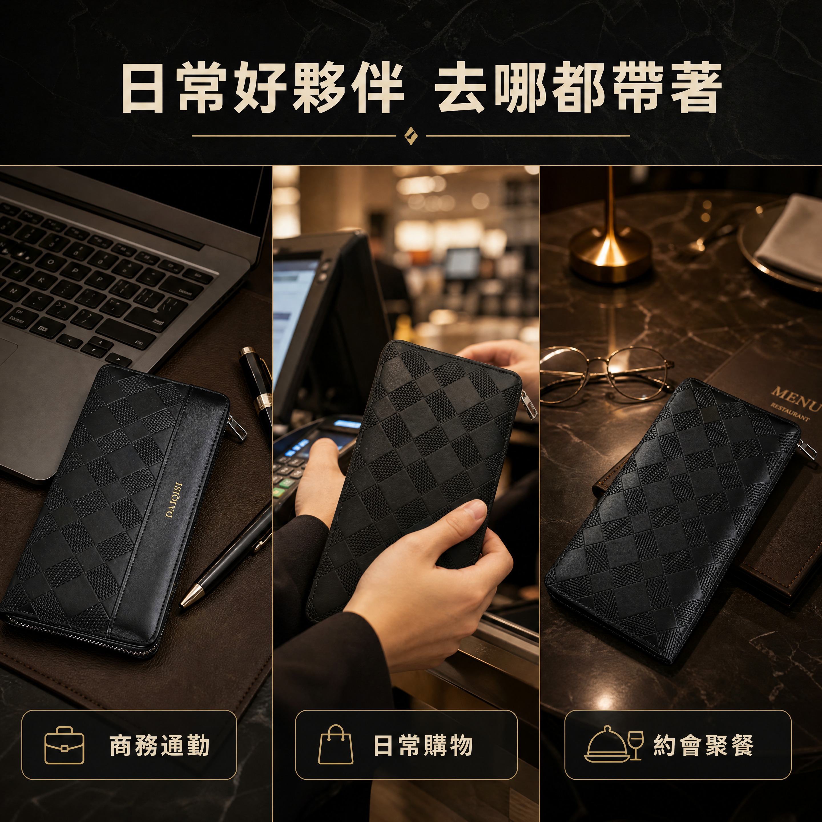 [第6張 使用場景頁] [商品] 使用【圖6】時尚黑棋盤格拉鍊… - 图片创意预览