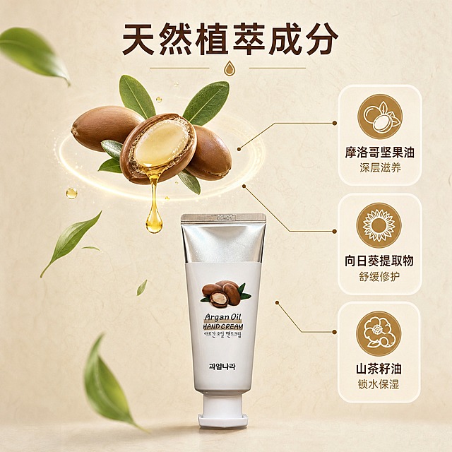 [主图-2] 核心成分解析，展示摩洛哥坚果油的天然植萃成分和保湿功效。
[统一基调] 整体风格为自然植萃高级质感，背景主色为浅米色带细微纹理，标题字色为深棕色，辅助字色为浅棕色，强调色为坚果金棕色，字体为干净非衬线体，字号层级分明，卡片和图标采用圆角简约样式。
[画面] 产品放置在画面下方居中，占画面约40%，正面视角。画面上半部分展示成分可视化效果：几颗真实的摩洛哥坚果悬浮在空中，其中一颗被切开，金黄色的精油从果仁中滴落，形成晶莹的油滴，油滴周围有细微的光晕。旁边有几片新鲜的绿色叶片随风轻摆。画面右侧有三条纤细的引线从成分指向右侧的三个圆角小卡片，分别标注不同的成分功效。背景为浅米色带有细微的宣纸纹理，整体通透自然。
[光影质感] 高级商业摄影质感，柔光箱均匀布光，产品和成分都有清晰的立体感，精油滴有通透的折射效果，体现油脂的粘稠感和光泽感，阴影柔和不生硬。
[配色] 主色调为浅米色、深棕色、金棕色，点缀绿色叶片，整体温暖自然，突出天然植萃的感觉。
[文字版式] 主标题在画面上方居中，大字号深棕色非衬线体，写"天然植萃成分"；三个圆角小卡片在右侧竖排，每个卡片有图标和文字，分别是"摩洛哥坚果油 深层滋养"、"向日葵提取物 舒缓修护"、"山茶籽油 锁水保湿"。文字清晰，不遮挡产品主体。
[输出要求] 1:1正方形比例，文字清晰可读，产品清晰不变形，无错字，无水印，无平台Logo，画面干净有质感。