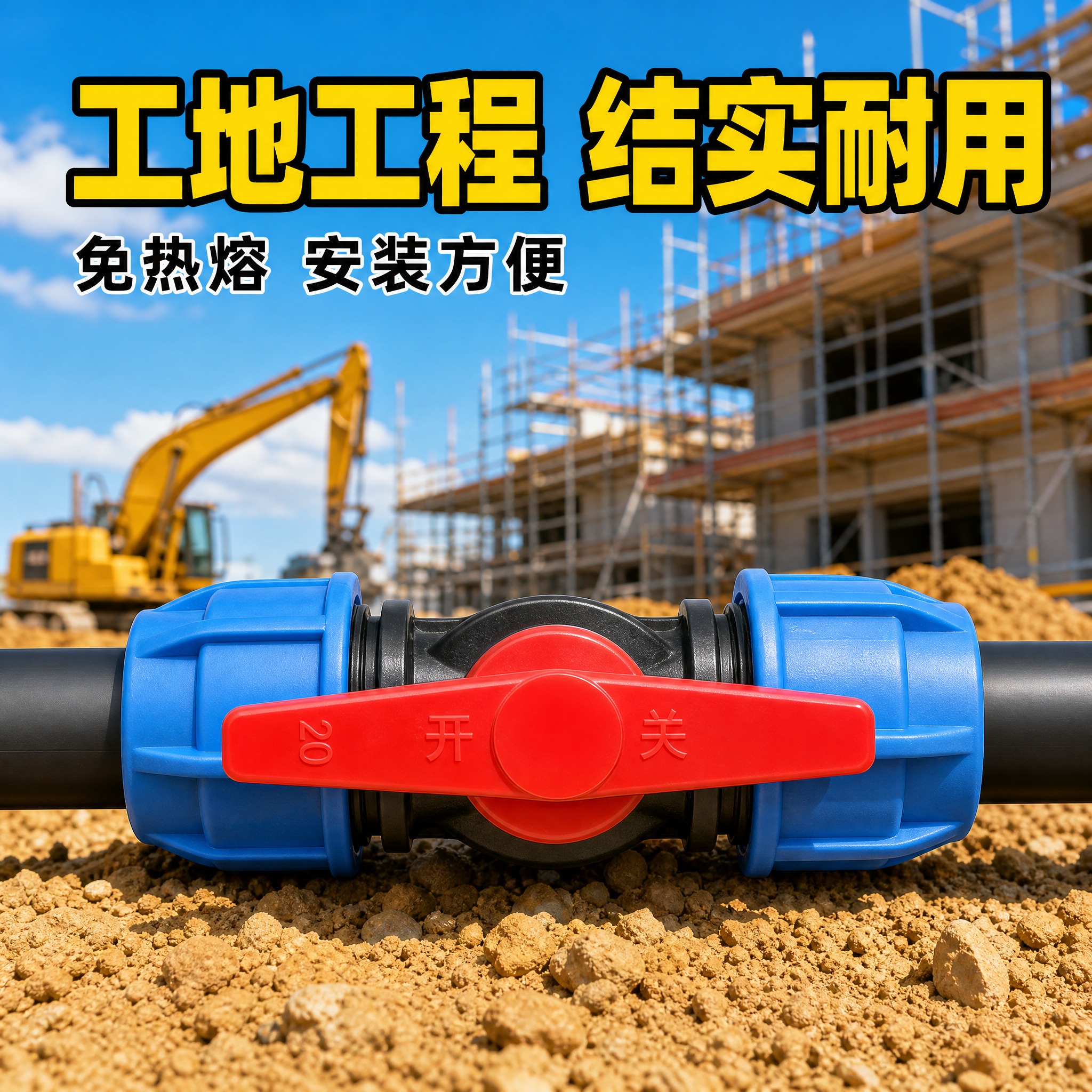快连球阀拼多多电商主图 背景为工地施工场景 蓝色天空 在建楼房… - 图片创意预览