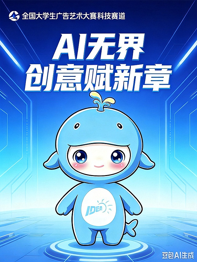 全国大学生广告艺术大赛海报，科技赛道主题AI“无界”创意赋新章，保留原图片浅蓝色鲸鱼IP形象不做修改，搭配科幻感科技风渐变蓝色背景，添加主题文字“AI无界 创意赋新章”，整体设计青春富有创意，符合大赛氛围