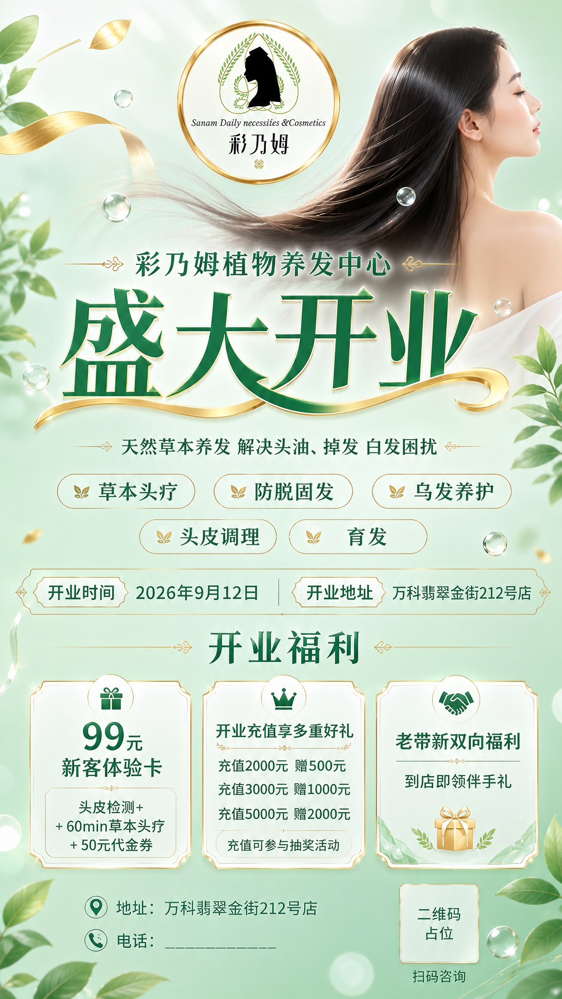 将【图1】开业海报重新设计为「清新翡翠浅绿现代风」：底色改为明… - 图片创意预览