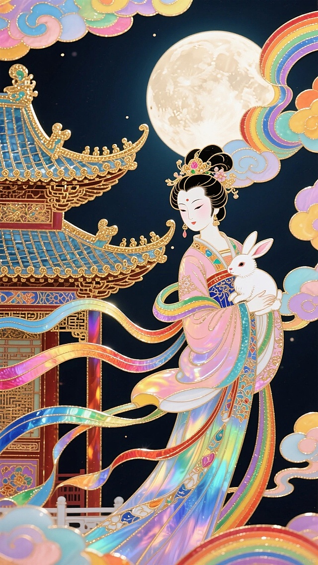 满月悬空，嫦娥携玉兔立于祥云间，衣袂如彩虹般绚丽飘逸，身旁古建飞檐精巧，满是中秋神话的浪漫绮思