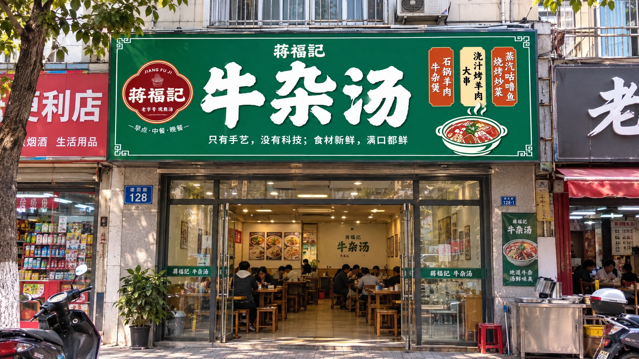 将这张蒋福记牛杂汤门头招牌图，贴在真实的街边餐饮店门头上，呈现… - 图片创意预览