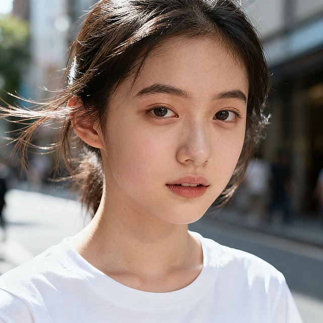超写实人像，清爽女生，白色短袖，街头随拍，自然光，表情自然
