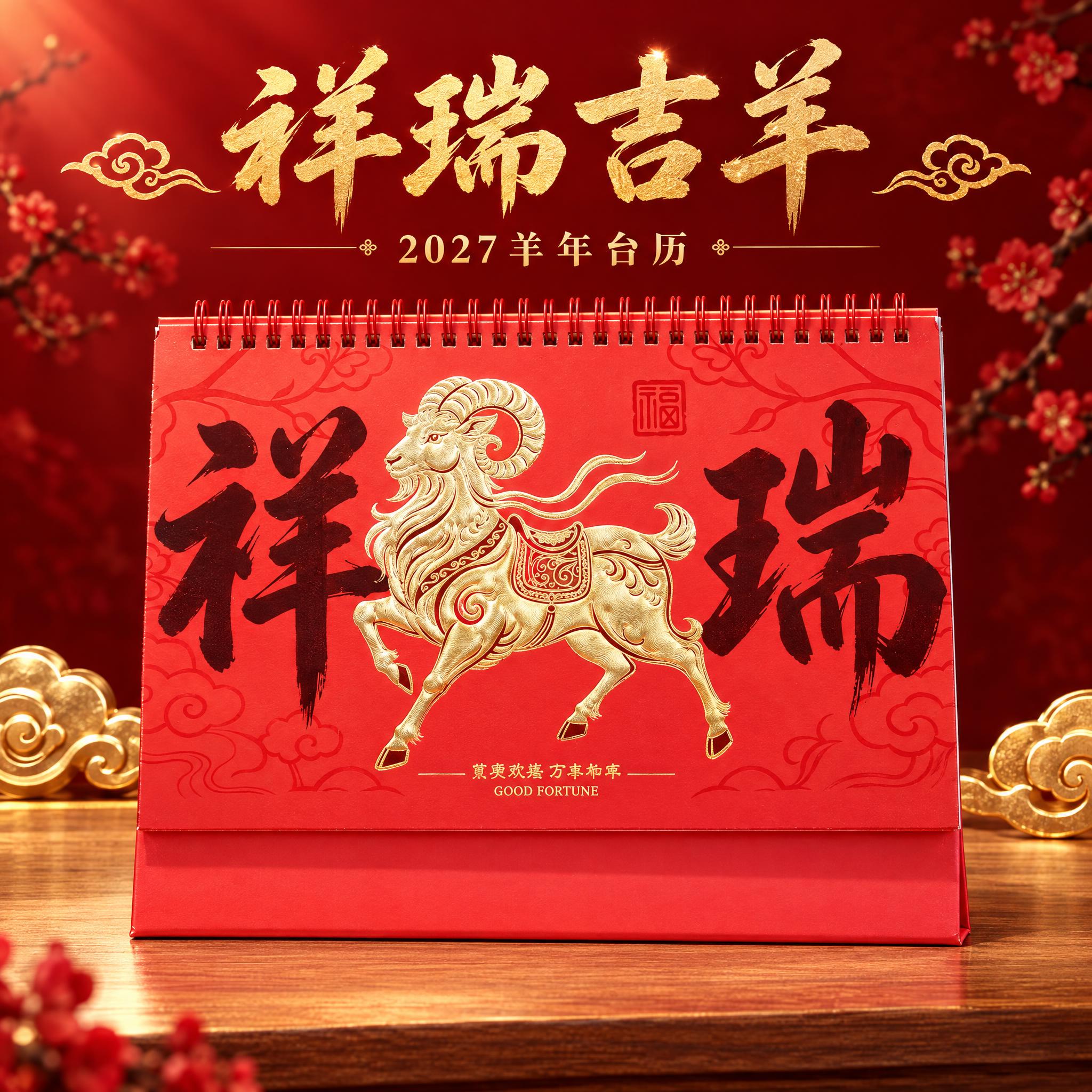 祥瑞羊款（深色字）红色台历单张产品主图，高端新年礼品风格。 [… - 图片创意预览