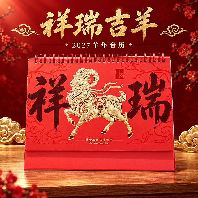 祥瑞羊款（深色字）红色台历单张产品主图，高端新年礼品风格。
[统一基调] 淘宝/天猫1:1主图，中国红喜庆风格，高端烫金质感，主色正红色+烫金色，专业品质感。
[画面] 画面中央展示祥瑞羊款红色台历（深色书法字版本），台历正面完整朝向观众，略微仰视角度，主体占画面65%。台历为红色封面，深红色书法"祥瑞"大字与金色烫金生肖羊浮雕图案，羊昂首奔腾姿态精美，红色线圈装订，红色底座。背景为渐变深红色+隐约梅花枝纹理，底部有木质台面承托，左右两侧有金色祥云装饰元素点缀。
[光影质感] 商业摄影质感，柔和顶光+侧光，突出金色羊浮雕的金属光泽与细腻纹理，红色封面色彩饱和纯正，台历边缘清晰有厚度，底部有自然接触阴影。
[配色] 主色正红色，点缀烫金色，背景深红渐变。
[文字版式] 画面上方烫金色书法字标题"祥瑞吉羊"，下方金色小字"2027羊年台历"，文字放在上下负空间，不遮挡台历主体。
[输出要求] 1:1正方形，2K分辨率，台历清晰完整，烫金质感真实。禁止变形、错字、模糊、水印、平台Logo。