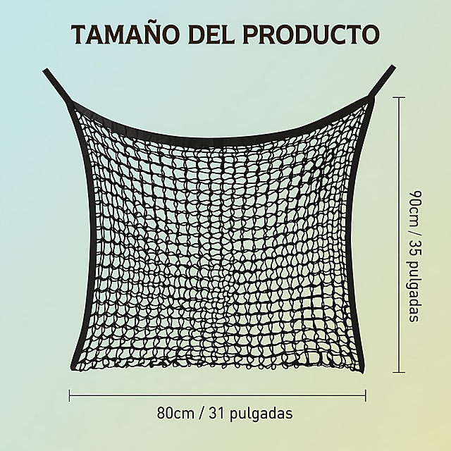 马用干草网产品尺寸图，西班牙语文字标注尺寸：宽度80cm/31英寸，高度90cm/35英寸，标题文字是"TAMAÑO DEL PRODUCTO"，产品为黑色方形渐变色慢喂干草网兜，风格清晰简洁，整体风格统一