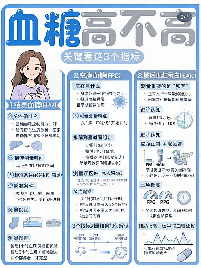 参考参考图的科普海报结构和排版，生成一张同主题「血糖高不高关键看这3个指标」的医疗科普海报，使用简约商务风格，整体配色使用蓝白灰，专业严谨，比例3:4，内容完整保留标题"血糖高不高 关键看这3个指标"，依次介绍1.空腹血糖(FPG)、2.餐后血糖(PPG)、3.糖化血红蛋白(HbA1c)三个指标的信息，包含它在测什么、测量时间、标准条件、误区、结果解读等科普内容，图文排版清晰
