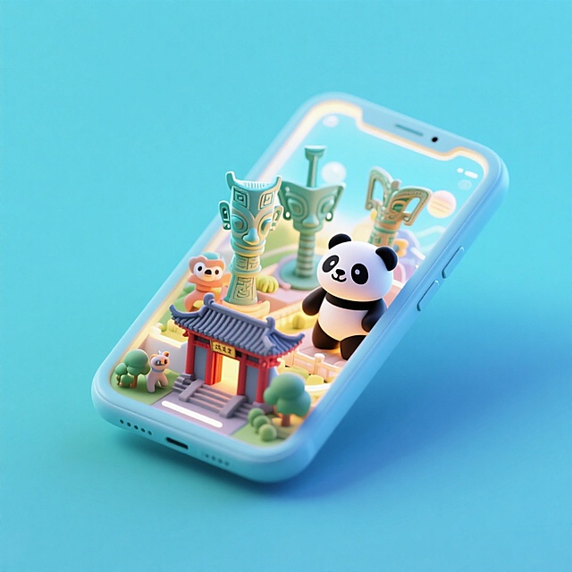 软3D风微缩艺术，熊猫与古蜀元素萌趣互动，清新梦幻的卡通场景跃出手机屏幕，传递可爱治愈的节日氛围。