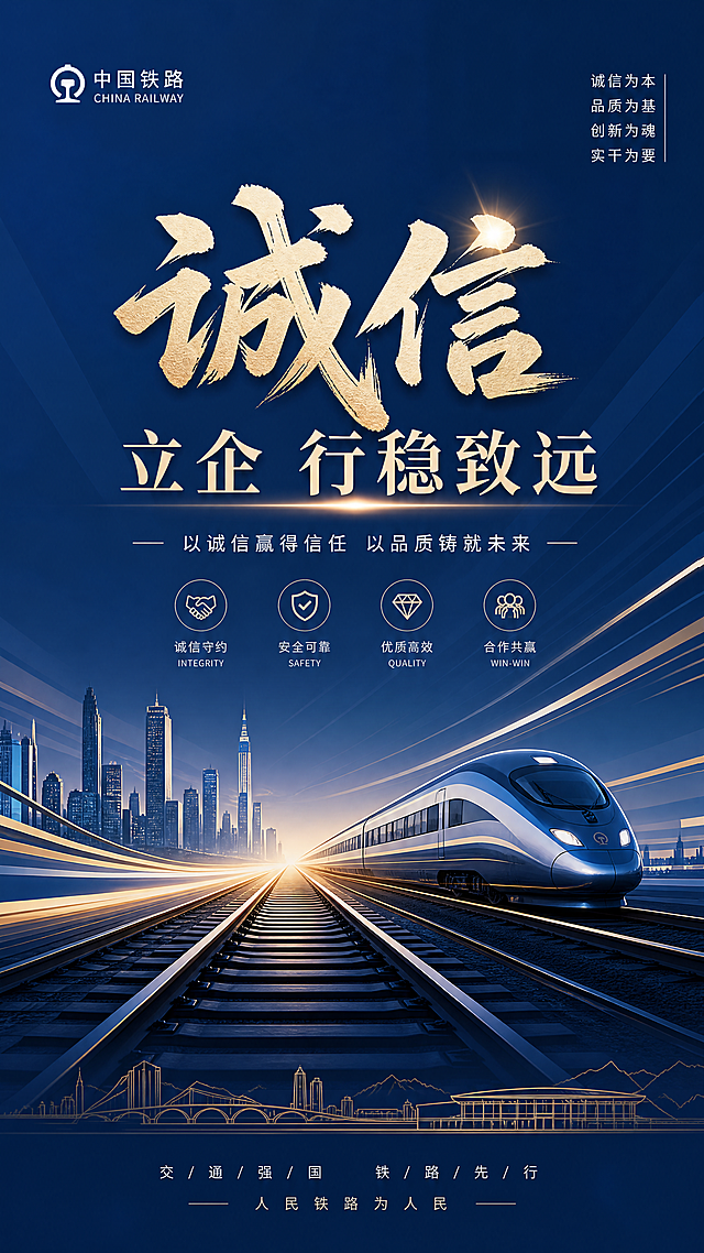 诚信主题宣传海报，融合铁路元素，整体庄重大气，画面中包含铁轨、列车剪影元素，突出诚信标语，深蓝色庄重配色，适合企业宣传，构图稳定