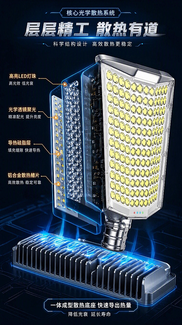 [第4张] 核心技术解析-LED投光灯光学结构与散热系统。本张使用【图1】作为产品主体，做半剖面结构展示。
[氛围/风格] 硬核科技风，深色背景+发光线条，3D剖面技术感。
[元素布局] 产品位于画面中央，占比约50%，呈半透明剖面效果，展示内部结构：左侧可见LED灯珠层→光学透镜层→电路板层→散热鳍片层的分层结构；右侧保留完整外壳外观；四周有发光指示线标注各部件名称；底部展示铝合金散热底座的密集鳍片结构；产品外部轮廓、灯珠排列、外壳形状与输入图一致。
[光影质感] 内部结构有蓝色发光线条勾勒，灯珠发出暖黄光；金属散热鳍片有冷光反射；整体科技感强，层次分明。
[配色色系] 全局底色 #0D1B2A 深蓝黑；主色科技蓝发光线+银灰金属；辅助色暖黄灯珠、橙色标注线。
[视角构图] 45°斜侧视角，剖面朝向观众，阅读动线从中心产品向四周扩散读取标注。
[文字版式] 顶部技术标签「核心光学散热系统」，主标题「层层精工 散热有道」；4处结构标注：「高亮LED灯珠」「光学透镜聚光」「导热硅脂层」「铝合金散热鳍片」；标注线从部件引出，文字清晰；底部补充说明「一体成型散热底座 快速导出热量」。
[比例分辨率] 9:16 竖版比例，4K 分辨率，文字清晰可辨，高清画质。
[负向提示词] 产品外形变形，结构错误，灯珠数量不对，水印，文字错乱，剖面不清晰。
