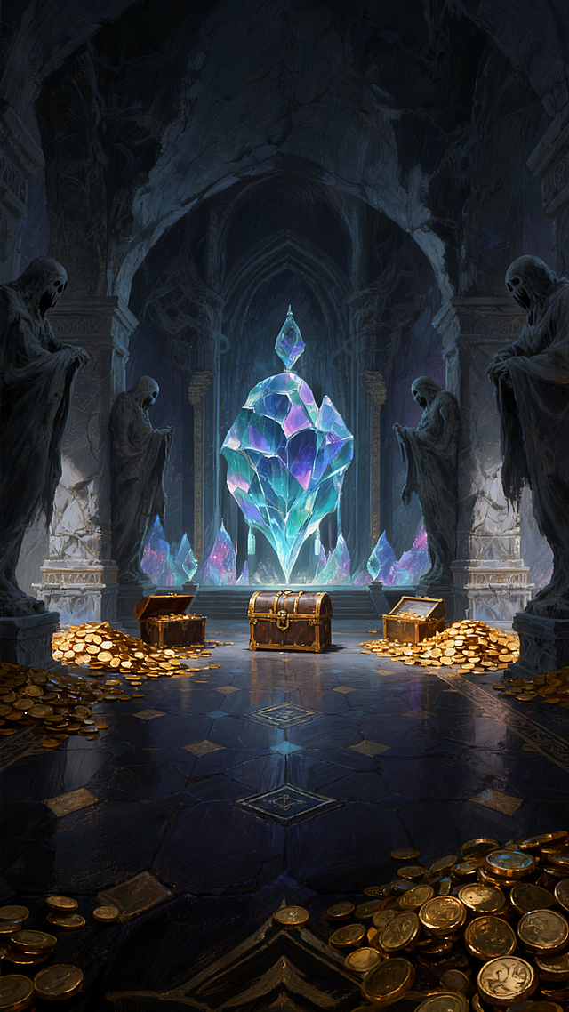 在图中添加宝箱和金币堆，保持中心对称构图，地下宫殿室内场景，场景开阔，地面平整干净，周围阴森；地面为暗色回合制战斗地板，处于阴影中色调深沉；背景保留石像鬼像，新增宝箱、金币堆。回合制战斗场景，大师级高精度画质，精美细节，史诗感氛围，数码厚涂风格