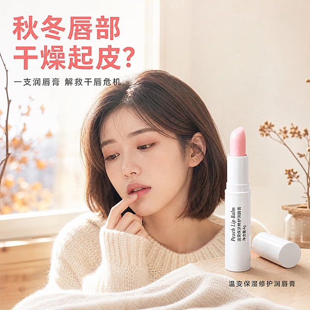 [主图-1] 秋冬唇部干燥痛点场景，引出润唇膏产品。
[统一基调] 秋冬暖调清透风格，主色为奶杏白+浅粉棕，辅助色为淡粉色，强调色为暖珊瑚粉；字体为干净非衬线体，标题粗体大号，辅助文缩小50%以上；整体柔光自然窗光质感，水润清透，专业品质感。
[画面] 画面中景，一位25岁左右亚洲年轻女性，齐肩短发，温柔气质，身穿米白色针织毛衣，处于秋冬室内窗边场景，窗外有隐约梧桐落叶。女生微微低头，眼神略带困扰，手指轻触嘴唇，表现出唇部干燥起皮的不适感。画面右侧前景放置一支白色管身的润唇膏（与输入产品外观一致：白色圆柱形管身，黑色印刷文字，旋出的膏体呈淡粉色），膏体微微旋出，展示细腻质地。背景是柔和的米白色墙面+木质窗台，少量干枯花枝作为秋冬氛围点缀。产品占画面约40%，人物占画面约50%，人物与产品自然呼应。
[光影质感] 自然光从左侧窗户射入，柔和漫射光，人物面部光影过渡自然，产品表面有细腻反光和真实接触阴影，整体温暖通透，秋冬午后氛围感。
[配色] 奶杏白背景主色，浅粉棕秋冬氛围色，淡粉色膏体点缀，暖珊瑚粉标题字色。
[文字版式] 左上角大字号粗体标题："秋冬唇部干燥起皮？"；标题下方小号辅助文："一支润唇膏 解救干唇危机"；右下角小字标注："温变保湿修护润唇膏"。文字均放在负空间，不遮挡人物面部和产品主体。
[输出要求] 1:1正方形比例，文字清晰可读，产品外观与输入图一致，人物面部自然无畸形，无多余手指，无水印，无平台Logo，无夸张医疗化表达。