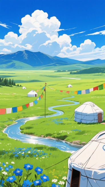 二次元，草原，大平原，细节丰富，绿色和蓝色，民族风，生成2张，不要人，4k，9:16预览效果