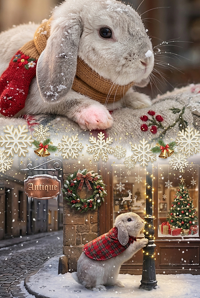 上宫格大特写镜头，浅灰色垂耳兔侧脸特写，焦糖色针织小围巾裹着圆滚滚的脖颈，柔软绒毛沾着细雪，黑亮的小鼻尖凝着雪粒，粉白小爪子轻搭在缀有红果刺绣的粗纺羊毛毯上，垂落的耳尖落着细碎雪花，围巾旁露出半截红色针织小袜子，袜子上绣着圣诞小花，光影柔和，凸显毛绒的蓬松质感。
中间衔接元素大面积雪花图标层叠交织，雪花边缘鎏金描边，中间点缀迷你圣诞铃铛与松枝图案，雪花间隙飘着细碎的金色亮片，亮片闪烁如星光，将上下画面柔和衔接，营造出雪夜飘雪的动态氛围感，衔接自然不突兀。
下宫格中景镜头，浅灰色垂耳兔站在欧式老街的铸铁路灯下，短尾巴轻轻晃动蹭了蹭灯杆，背上的红格纹小披风被微风拂起，身后是挂着霜花的铜制 “Antique” 店铺招牌，招牌旁挂着松枝红果圣诞花环，花环上系着蝴蝶结，路灯杆缠满暖黄小彩灯，街边橱窗贴着雪花与驯鹿窗花，橱窗内摆着挂满小饰品的圣诞树与礼盒，地面积雪上散落着小巧的爪印，大片雪花簌簌落在兔毛与老街石板路上，画面温馨又浪漫。