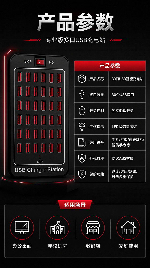 [第4张] 详情页产品信息-30口USB智能充电站参数规格与适用场景收口。本张使用【图1】作为商品主体，保持产品外观一致。
[氛围/风格] 深色科技风，专业严谨，参数信息清晰，商业设计质感。
[元素布局] 产品正面图置于画面左侧，占比约35%；右侧为参数规格表格区域；底部为适用场景图标栏；背景为深黑灰色，带有细微网格底纹；左侧产品旁有红色发光线条装饰勾勒轮廓。
[光影质感] 产品均匀打光，正面清晰展示；参数区域平光保证文字清晰；整体光线干净利落，专业感强。
[配色色系] 全局底色 #1A1A1A 深黑灰；主色 黑色产品；辅助色 红色（表头、强调）、白色（正文）、浅灰（表格线）。
[视角构图] 正面平视，左产品右参数的左右分栏布局，底部适用场景栏，阅读动线从上标题 → 左产品右参数 → 底部场景。
[文字版式] 顶部主标题「产品参数」，副标题「专业级多口USB充电站」；右侧参数表包含：产品名称「30口USB智能充电站」、接口数量「30个USB接口」、开关控制「独立船型开关」、工作指示「LED状态指示灯」、适用设备「手机/平板/蓝牙耳机/智能手表等」、外壳材质「防火ABS材质」、保护功能「过流/过压/短路/过热多重保护」；底部4个适用场景图标+文字：「办公桌面」「学校机房」「数码店」「家庭使用」；字体清晰，表格规整，手机端可读。
[比例分辨率] 9:16 竖版比例，4K分辨率，文字清晰可辨，高清画质。
[负向提示词] 产品变形，接口数量错误，文字错乱，文字过小，水印，表格混乱，颜色偏差。