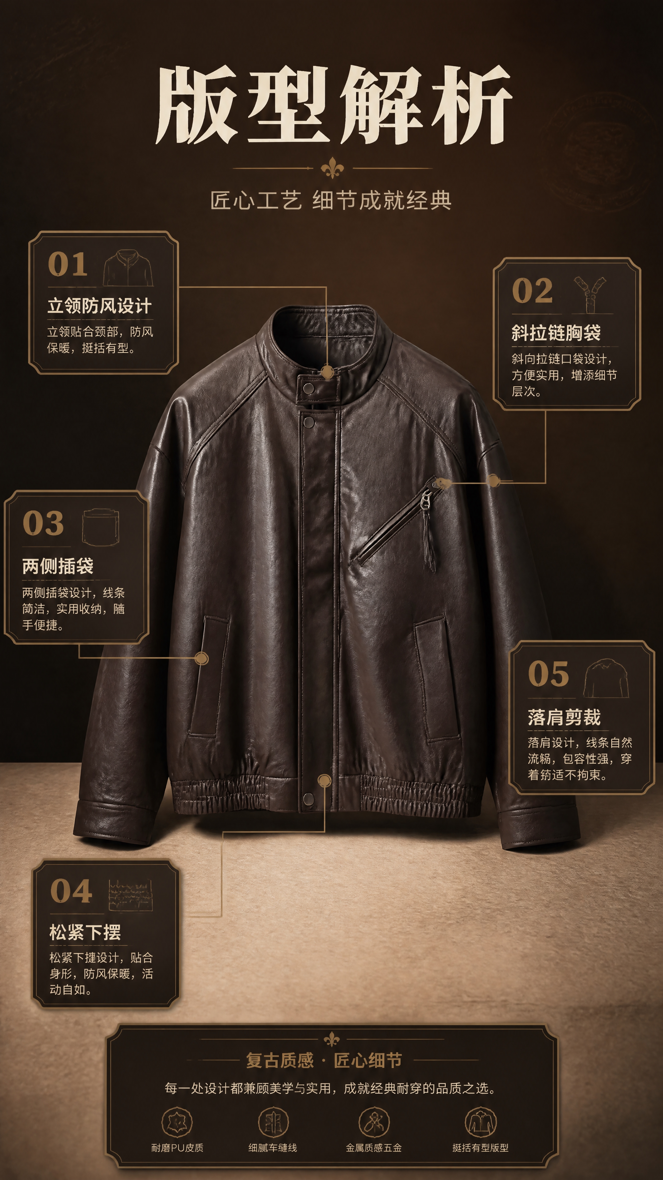[商品] 使用【图1】深棕色立领PU皮夹克；商品处理：保留立领… - 图片创意预览