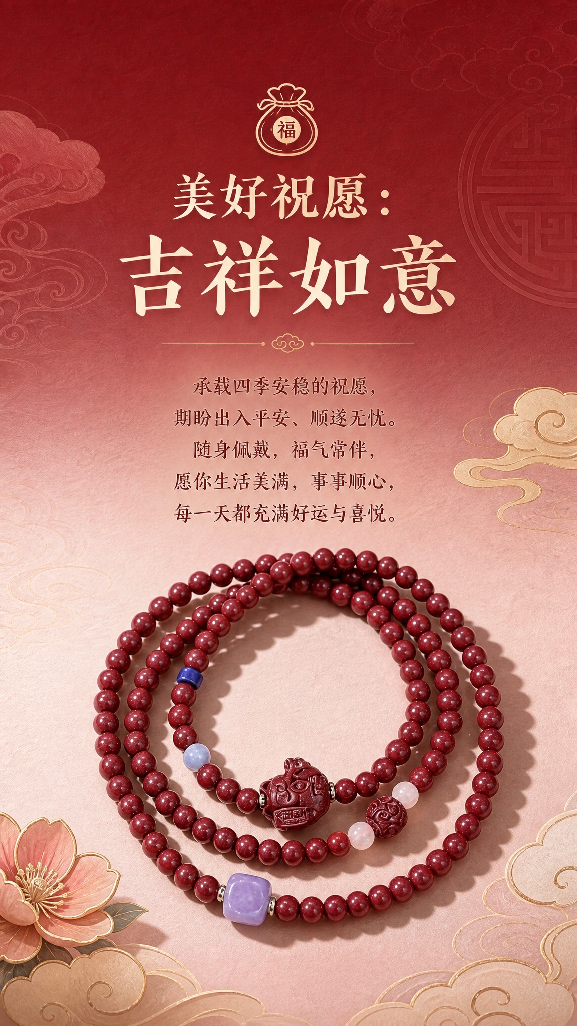 电商详情页卖点图，吉祥寓意卖点，9:16竖版，高级酒红到裸粉渐… - 图片创意预览