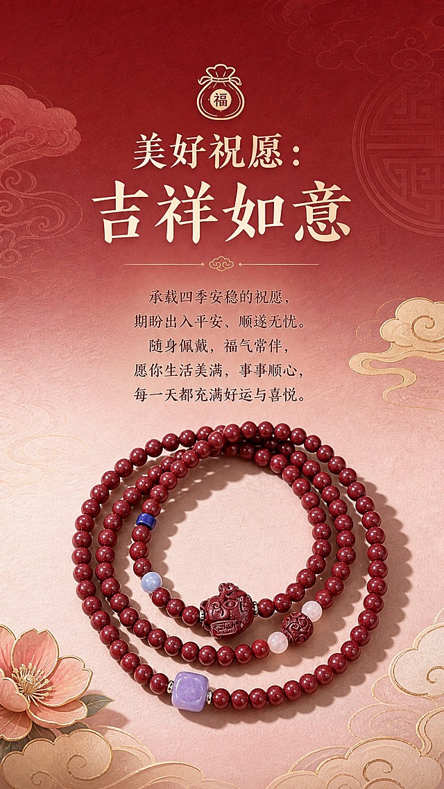 电商详情页卖点图，吉祥寓意卖点，9:16竖版，高级酒红到裸粉渐变背景带纸质感纹理，展示手串与祥云、传统吉祥纹样元素结合，配福袋形状图标，大标题文字"美好祝愿：吉祥如意"，正文文字"承载四季安稳的祝愿，期盼出入平安、顺遂无忧。随身佩戴，福气常伴，愿你生活美满，事事顺心，每一天都充满好运与喜悦"，氛围雅致吉祥，产品外观与参考图完全一致